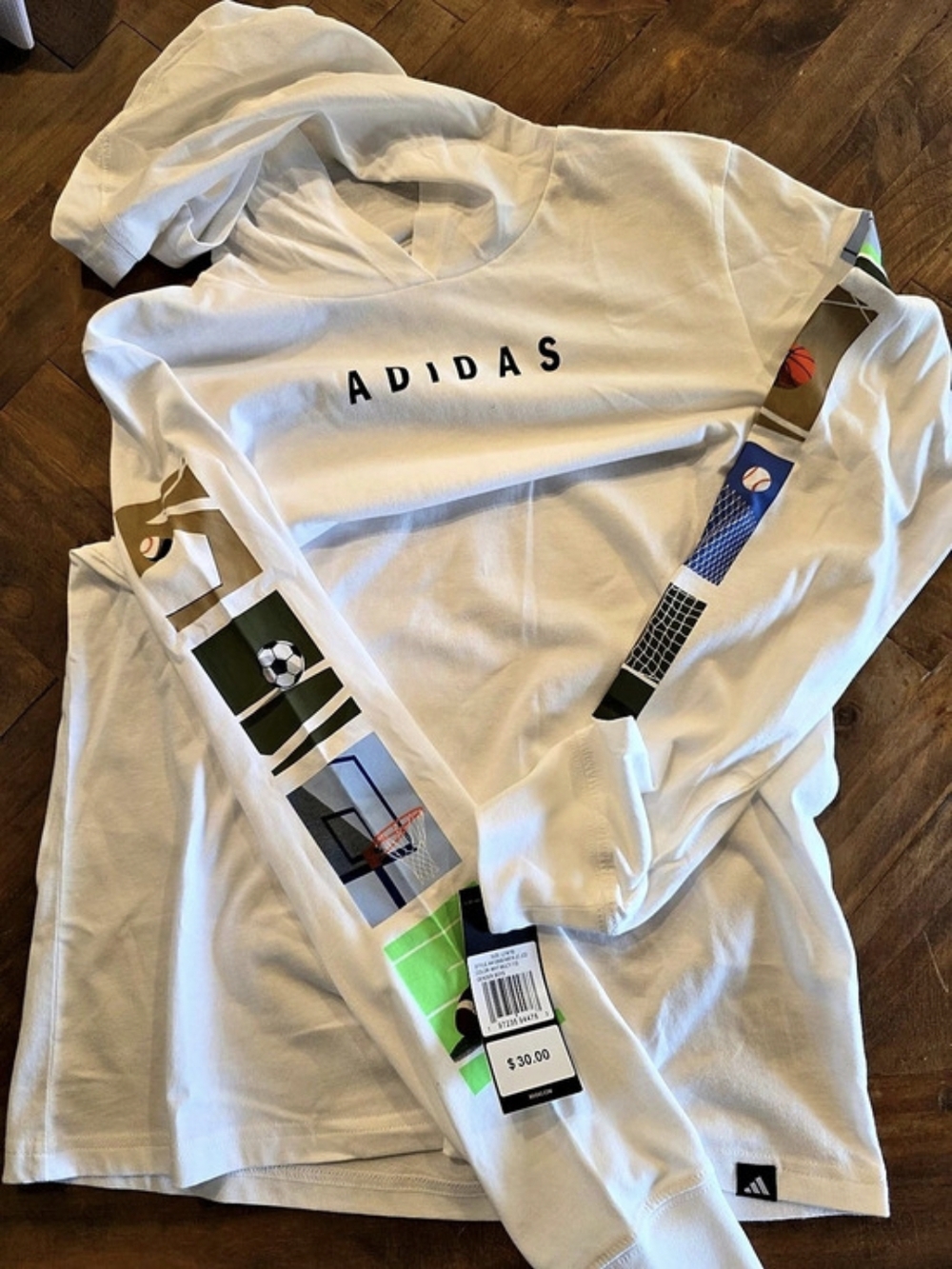 Adidas Color Block Graphic Tee in White With Hood Size Large NWT